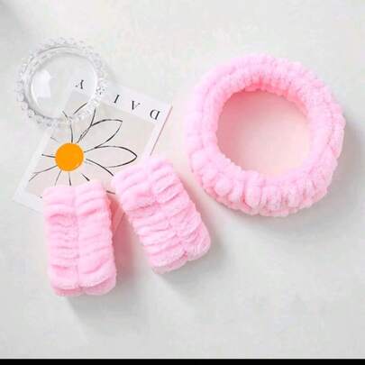 Set de 3 piezas: Diadema y protector de muñeca absorbentes de felpa, adecuados para el lavado de cara, el cuidado de la piel y el baño. Colores: rosa, blanco, gris. El protector de muñeca ayuda a mantener las muñecas secas durante el lavado de cara.