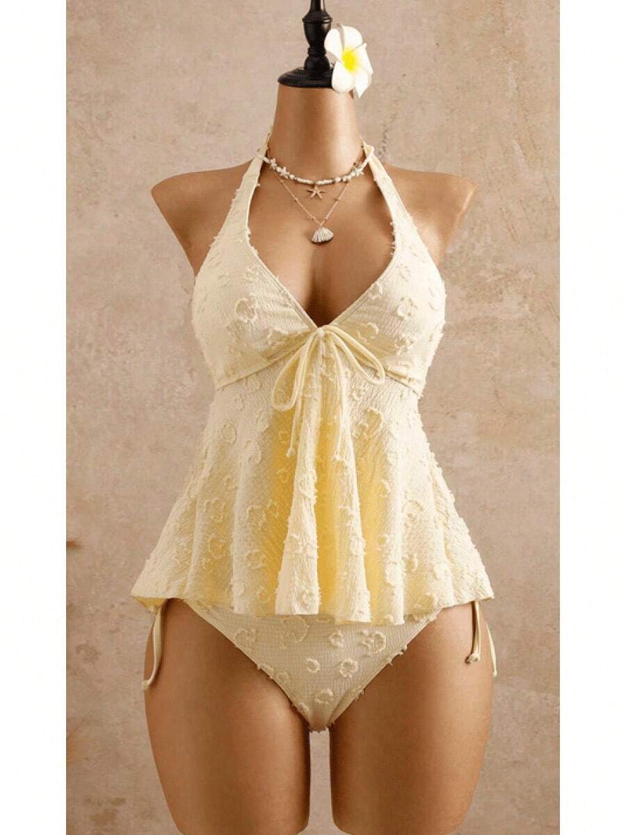 2026 European & American Style Lace Bikini, Halter Tie Ruffle Hem Tummy Control Two Piece Swimsuit For Hot Spring & Beach - Yellow - View 1