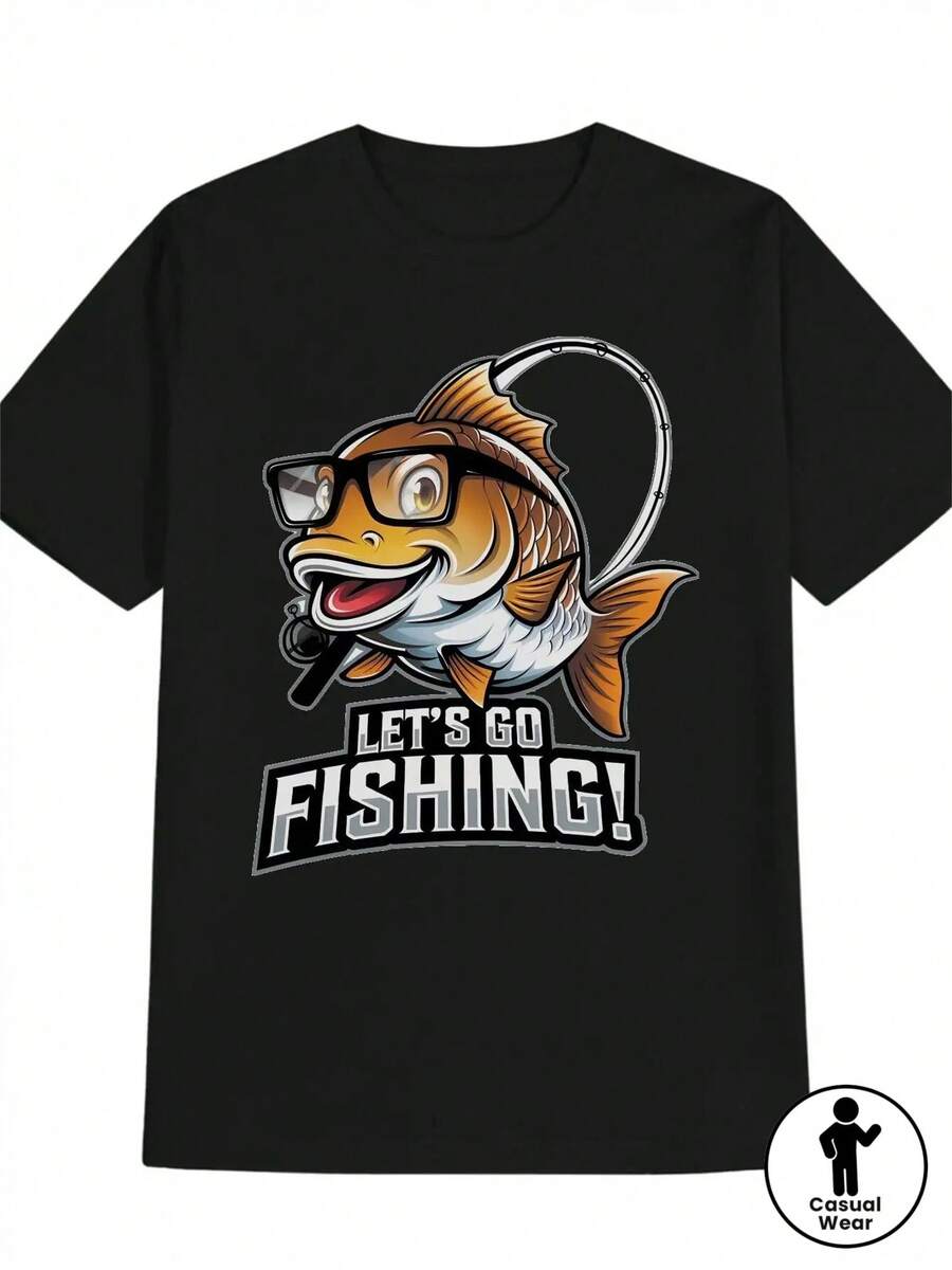Camiseta Gráfica Divertida de Pesca para Hombre - "¡Vamos a pescar!" Camiseta Casual de Manga Corta con Cuello Redondo para Pescadores, Diseño con Slogan y Pez Saltando, Comodidad para Todas las Temporadas, Regalo Ideal para Entusiastas de la Pesca (Negro), Ropa para Pescadores, Ropa de Ocio al Aire Libre - Negro - Ver 1