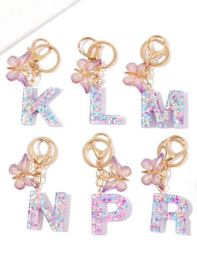 1件时尚创意手工字母钥匙扣，彩色心形亮片，渐变蝴蝶装饰，钱包，钱包字母钥匙扣吊坠，女士汽车钥匙扣吊坠，防丢钥匙扣，送给朋友的绝佳礼物。