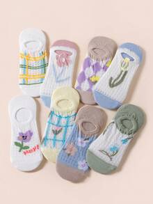 1/5/10/15/20 Pairs Random Women Thin Mesh Breathable Sweet Floral Shallow Invisible Boat Socks - Multicolor - View 2