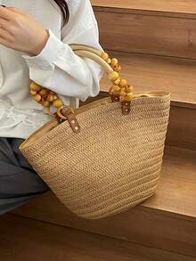 Túi đan thủ công, túi đeo vai đi biển mới dành cho nữ, túi xách cỡ lớn bằng rơm, túi xách tay kiểu giỏ đan. - Màu Khaki - Xem 6