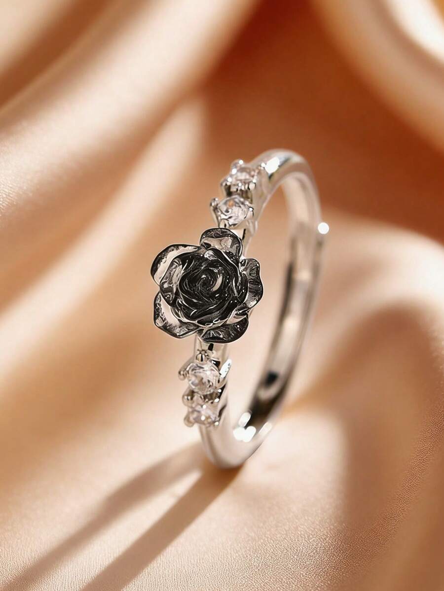 1 chiếc nhẫn nhỏ hình hoa tươi có thể điều chỉnh kích thước, nhẫn hoa hồng đen lấp lánh đính đá chuyển màu. - Bạc - Xem 1