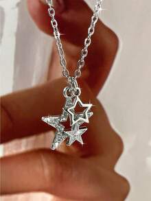 Romantic Star & Moon Rhinestone Pendant Necklace, Silver Color, Fashionable & Unique, Lucky Star Necklace, Suitable For Men And Women, Gift For Valentine's Day, Mother's Day - Silver - View 3