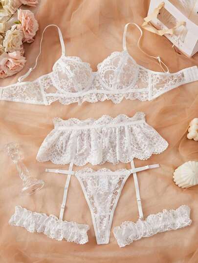 4pcs/Set Sexy White Lace Floral Hollow-Out Women's Lingerie Set, Seductive Uniform, Ideal For Valentine's Day, Nightclub, Bedroom, Rave, Going Out