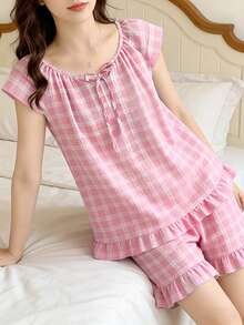 AICJ 两件套女士格子印花睡衣套装 - 柔软短袖，前系带，圆领上衣，短裤，宽松版型，亮丽印花设计，春夏时尚睡衣套装 - 粉色 - 查看 3