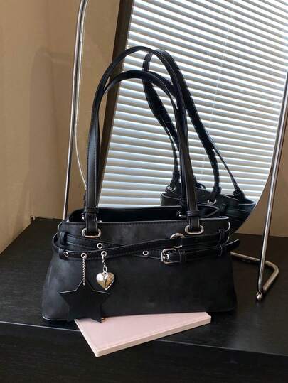 Túi đeo chéo tay thời trang mới, cá tính, mang phong cách tối màu với họa tiết trái tim và ngôi sao, túi da cổ điển với khóa cài, túi đeo vai sành điệu kiểu Y2K, túi xách cao cấp đa năng dành cho người đi làm.