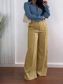 Jisfaneya Zipper Pocket Wide Leg Pants, No Belt, Solid Color, Suit Fabric, Elegant Commute, Versatile Office, School, Daily Wear, Spring/Summer - 卡其色 - 查看 5