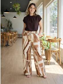 Printed Palazzo Pants In Viscose Linen, High Waist, With Pockets, Lining And Tie. - 棕色幾何圖案寬褲 - 查看 2