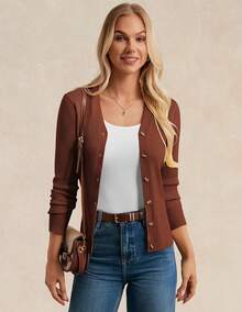 Women's Long Sleeve Button Up Cardigan Sweaters Ribbed Knit Open Front Casual - Caramel - View 2