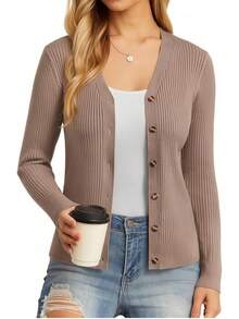 Women's Long Sleeve Button Up Cardigan Sweaters Ribbed Knit Open Front Casual - Mid Khaki - View 1