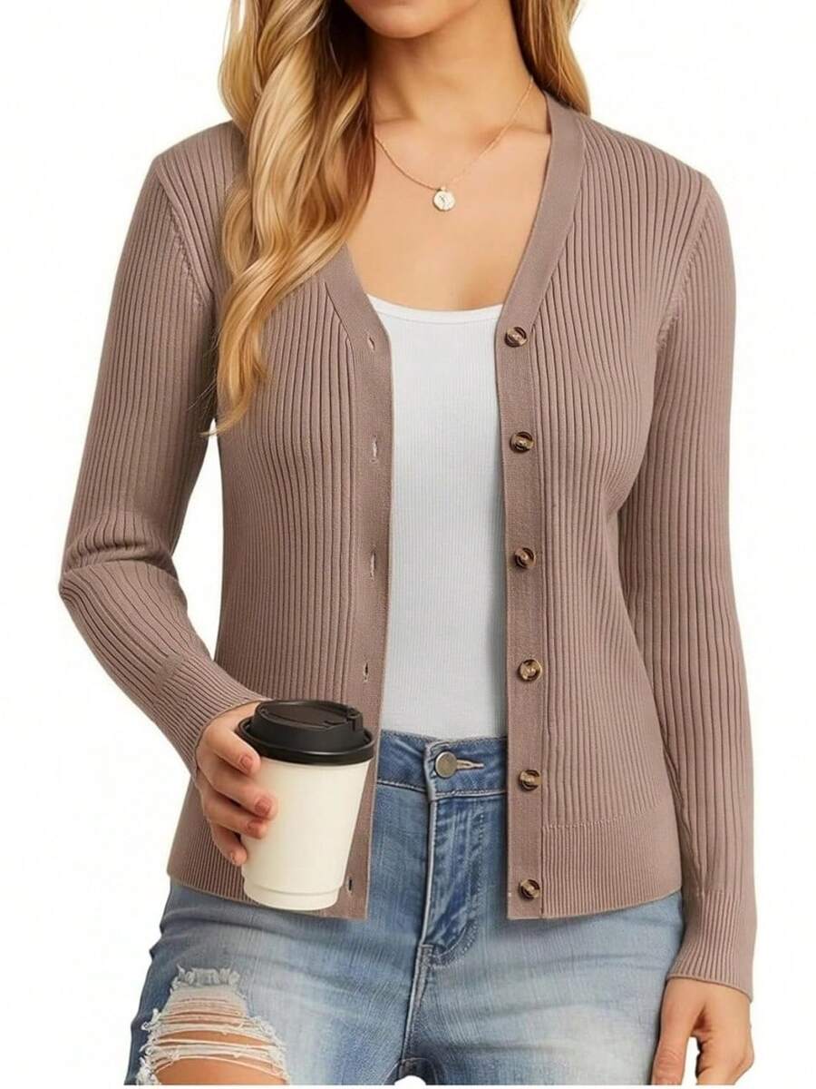 Women's Long Sleeve Button Up Cardigan Sweaters Ribbed Knit Open Front Casual - Mid Khaki - View 1