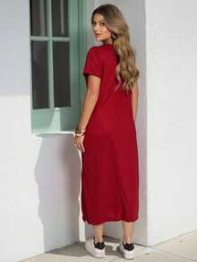 Comfortable Women's Midi Dress With Practical Pocket And Side Slit - Casual And Elegant - 深紅色 - 查看 4
