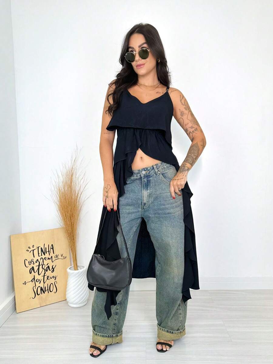 Longline Tunic With Thin Straps, Boho Chic Style. - Black - View 1