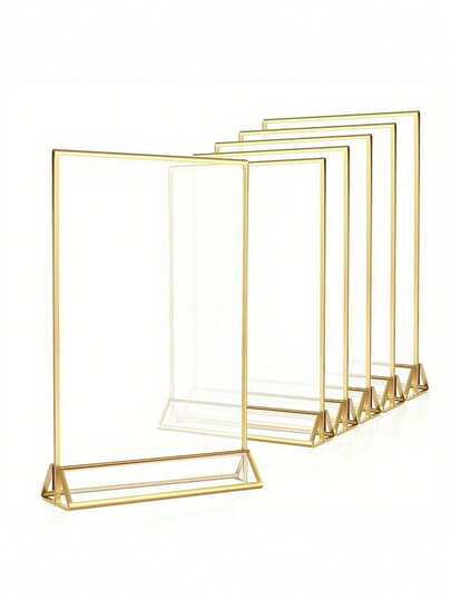1个透明亚克力婚礼桌号牌架，金色边框，双面相框，适用于餐厅菜单、菜谱卡、照片展示