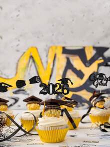 12pcs Congrats Grad 2026 Cake Toppers - Graduation Diploma & Cap Cake Decorations For High School, College 2026 Graduation Party - Black - View 4