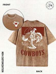 1PC Men'S Heavyweight 230g Western Cowboy Graphic T-Shirt - Double-Sided Washable Vintage-Inspired Design With Horse & COWBOYS Lettering, All-Season Casual Round Neck Tee For Outdoor Adventures, Ranch Wear & Western-Themed Events - Ideal Gift For Men (F Graphic Tee Graphic Tees Men - 咖啡色 - 查看 1