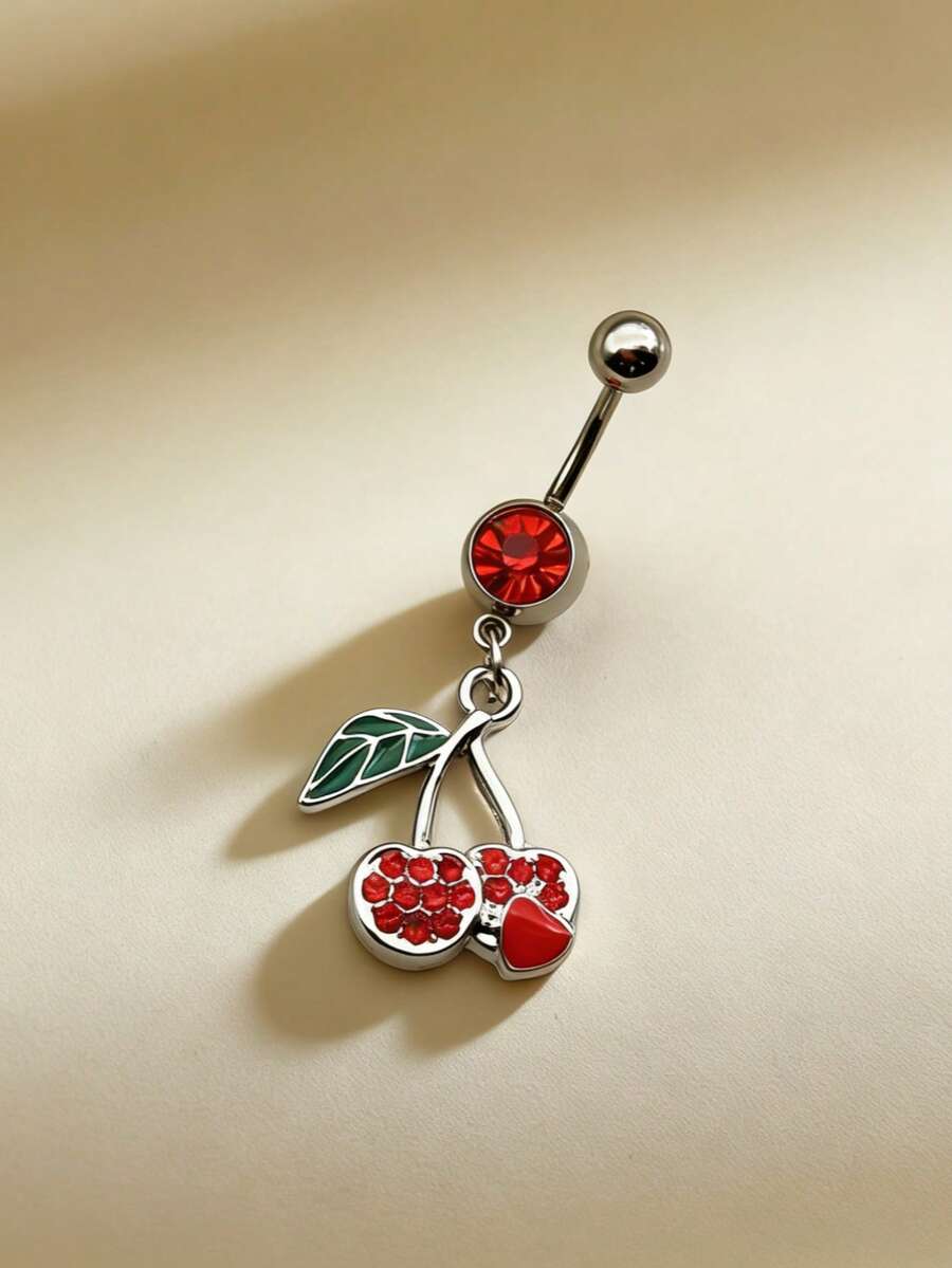 1 chiếc khuyên rốn bằng thép không gỉ đính đá hình quả anh đào, dễ thương và thời trang. - Đỏ - Xem 1