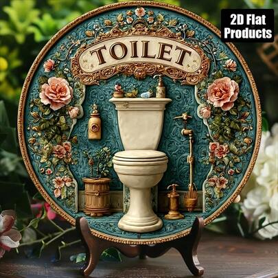 Tấm trang trí tường tròn 2D phẳng, 1 chiếc - Chủ đề phòng tắm hoài cổ, thích hợp cho nhà bếp, phòng khách, văn phòng, trang trí sân vườn - Trang trí trong nhà/ngoài trời bền bỉ, lý tưởng cho trang trí nhà cửa, tuyệt vời cho Lễ hội Ngày của người chết, Halloween, quà tặng Giáng sinh, 2D phẳng (Vị trí lỗ ngẫu nhiên)