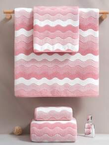 Minimalist Striped Coral Fleece Soft Absorbent Quick-Dry Bath Towel/Hand Towel For Home Use - Pink - View 2