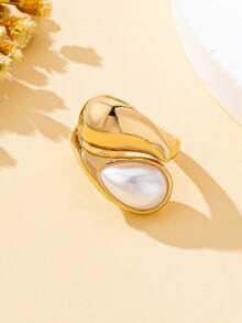女士单枚戒指，时尚大号仿珍珠戒指，适合日常佩戴和度假，无包装盒 - 金黃色水滴珍珠 - 查看 5