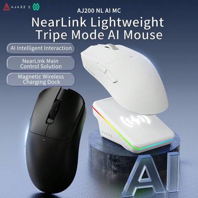 AJAZZ AJ200P AI Enhanced 2.4G Gaming AI Mouse, RGB Magnetic Charging Base, Supports Wireless Charging For Phones, Symmetrical Design 3-In-1, 3 Connection Modes, Supports AI Voice Interaction, Dual 1K Connection, Lightweight Approx. 63g