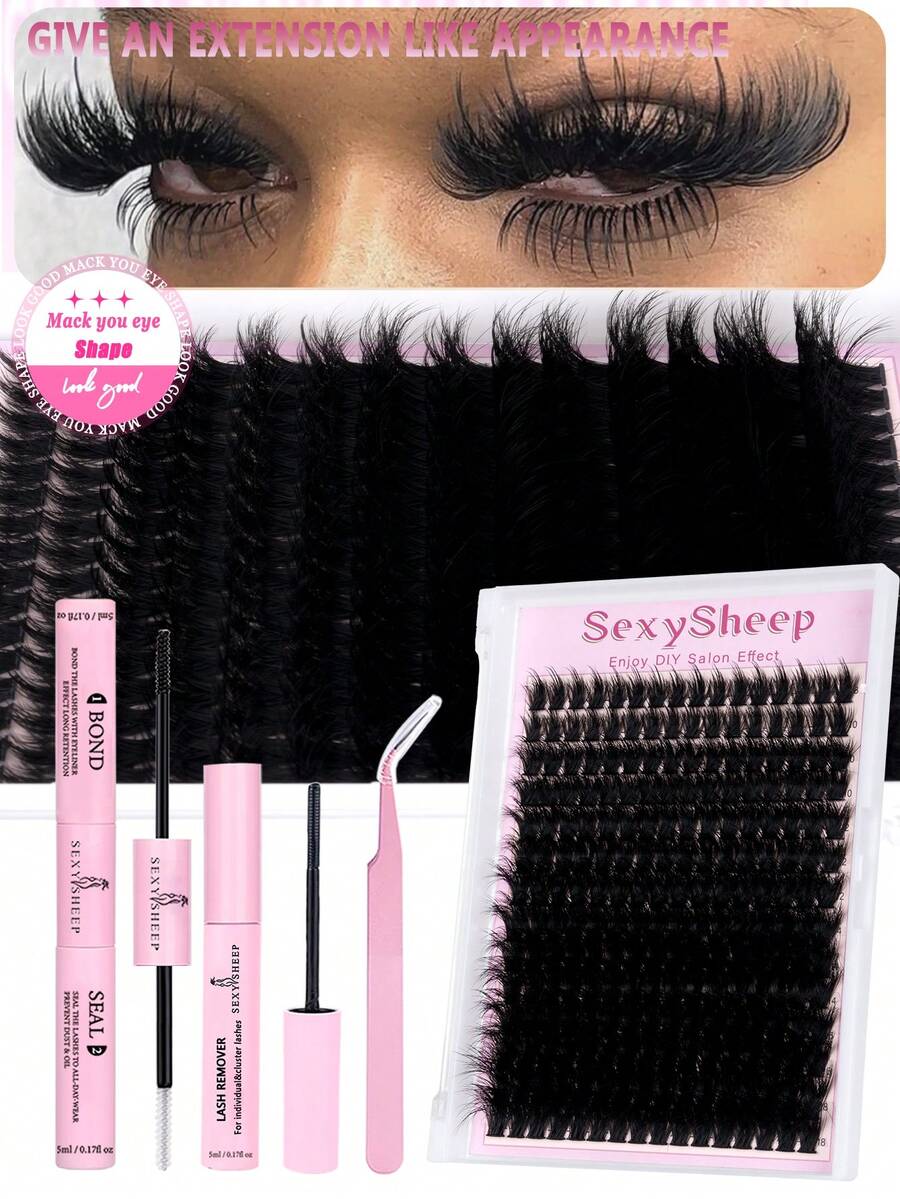 224pcs DIY False Eyelashes Set, Including Individual Lashes, Adhesive, Makeup Remover, Eyelash Curler, Create Natural & Soft Lash Effect, Suitable For Beginners, Various Lash Combinations To Meet Different Makeup Needs - Black - View 1