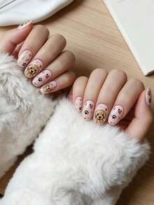 24pcs Short Glossy Animal Dog Pattern Detachable False Nails, Pink Heart Shaped Nail Stickers, Convenient For Daily, Party, Holiday - Champagne - View 2