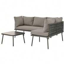 Ensemble de jardin en fer forgé, ensemble de mobilier de jardin en corde verte, ensemble de mobilier de jardin en forme de L, ensemble de salon de jardin en corde verte avec coussins d'assise, pieds réglables, 2 canapés et 1 table - Gris - Voir 7