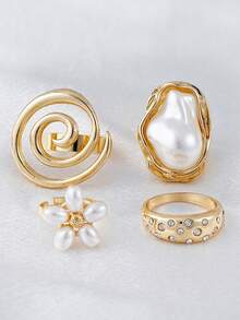 4Pcs Bohemian Golden Stackable Rings Set - Spiral& Flower Design For Everyday Wear - Yellow Gold - View 4