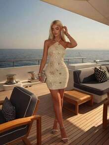 Đầm ngắn dự tiệc hở lưng quyến rũ đính sequin dành cho nữ, được làm từ chất liệu vải co giãn cao. - Màu be - Xem 3