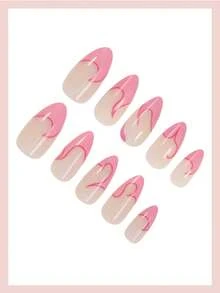 24pcs Medium Pink Ombre Swirl Heart Pattern Glossy Full Cover False Nails, Suitable For Women & Girls, Y2K Style - Pink - View 3