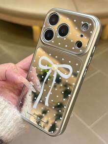 3D珍珠全屏波点蝴蝶结镜面手机壳，兼容 17 Pro Max、16 Pro Max、15 Pro Max、14 Pro Max、17，全包式镜头保护，夏季大窗口银色后盖 - 波點蝴蝶結 - 查看 3