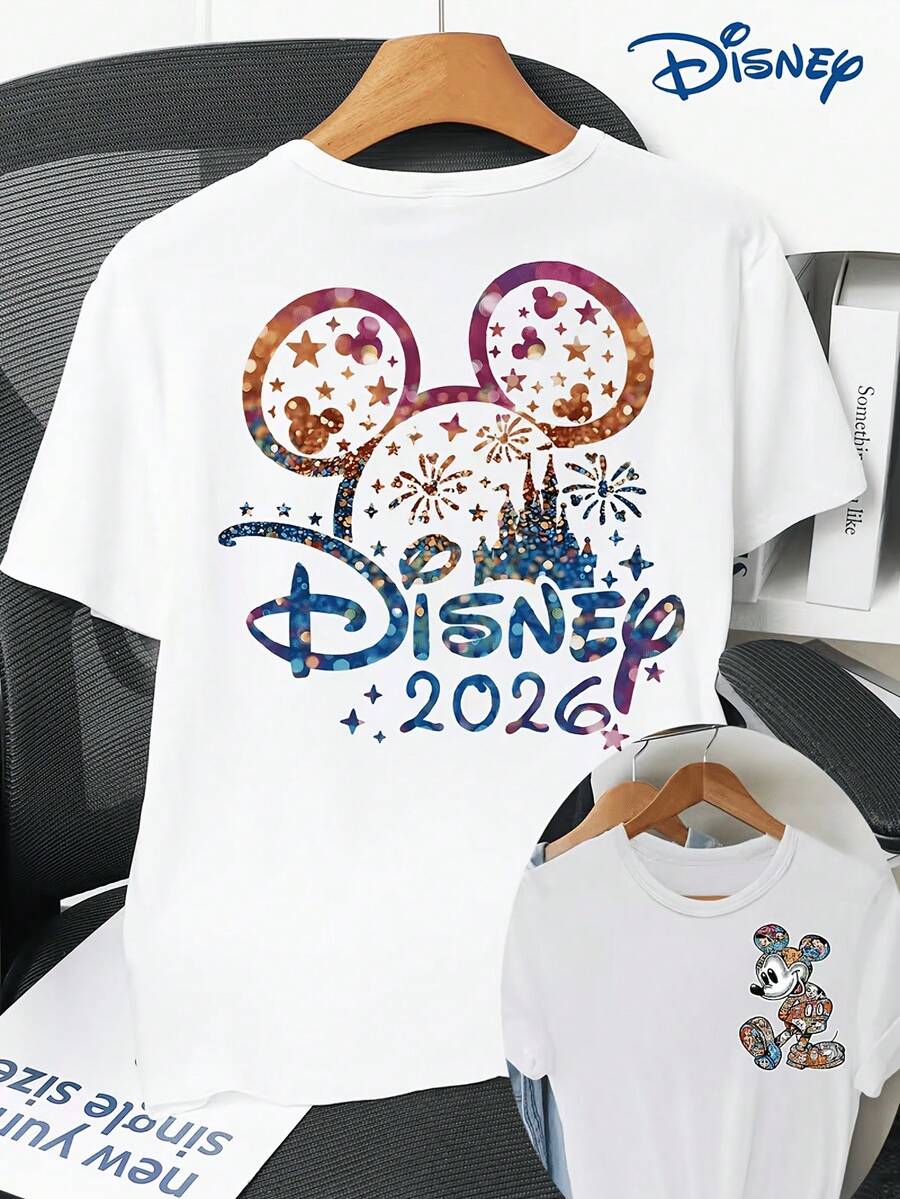 Women's Short Sleeved T-Shirt, Double-Sided Printing On The Front And Back, Disneyland, Mickey Mouse Cartoon Image Printed Short Sleeved Round Neck T-Shirt, Casual And Fashionable Short Sleeved T-Shirt, Slightly Elastic, Non Transparent, Easy To Care For Material, Ideal For Daily Wear, Women's T-Shirt, Disney Shirt, Disney Shirts, Summer Outfits For Women, Spring Outfits For Women, Officially Licensed Disney T-Shirts, Disney Men's And Women's Spring/Summer Fashion Casual Short-Sleeve T-Shirts - White - View 1