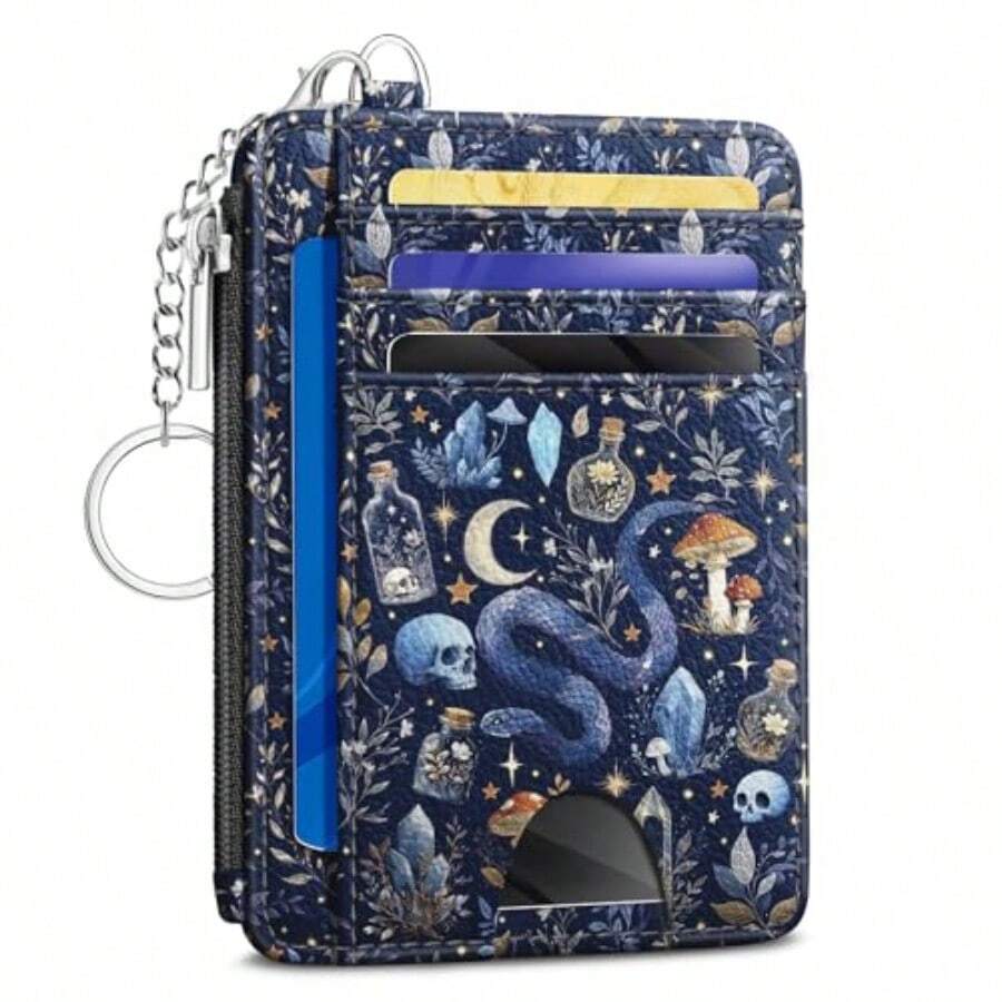 Goth Mushroom Credit Card Holder Slim Wallet Women Witchy Skull Gothic Night RFID Blocking Small Wallet Woman Keychain With Zipper Coin Pocket Front Pocket Thin Travel Ladies Card Case With ID Window - Đầu lâu Gothic màu xanh - Xem 1