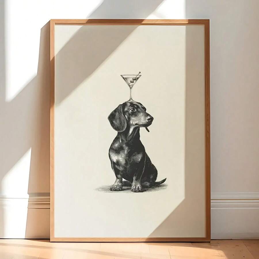 1件/套香肠马提尼主题墙饰，复古狗狗鸡尾酒图案，趣味香肠狗海报，时尚吧台车装饰，乡村农舍风格装饰，适用于厨房装饰、房间装饰、家居装饰、卧室装饰、墙面装饰、客厅装饰、办公室装饰、房间配件