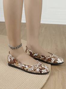 XBYASDF 2026 Zapatos de ballet de mujer marrón con diseño geométrico de patchwork, puntera redonda, slip-on, retro, suaves, cómodos y versátiles - Caqui - Ver 5