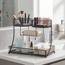 Senmeo 1pc Sleek 3-Tier Metal Cosmetic Organizer (No Installation), Space-Saving For Dressing Table/Bathroom - 黑色雙頭 - 查看 12
