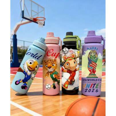 FIFA FIFA 2026 World Cup Water Cup, Large Capacity Cup, Cartoon Heat-Resistant Pot, Portable Handle, Fitness Shatterproof Sports Water Cup