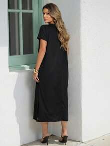 Comfortable Women's Midi Dress With Practical Pocket And Side Slit - Casual And Elegant - 黑色的 - 查看 4