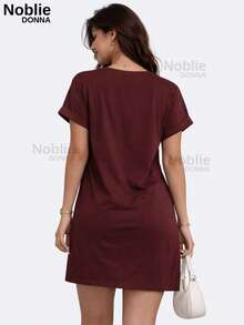 Women's Cotton T-Shirt Dress Printed Casual Loose 100% Cotton - 酒紅色 - 查看 2