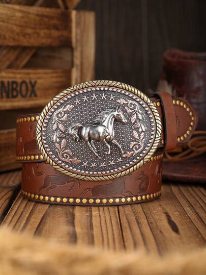 1pc Western Cowboy Style Men's Vintage Belt, Metal Horse Embossed Buckle, PU Embossed Leather Belt, Suitable For Daily Wear Or Pairing With Jeans