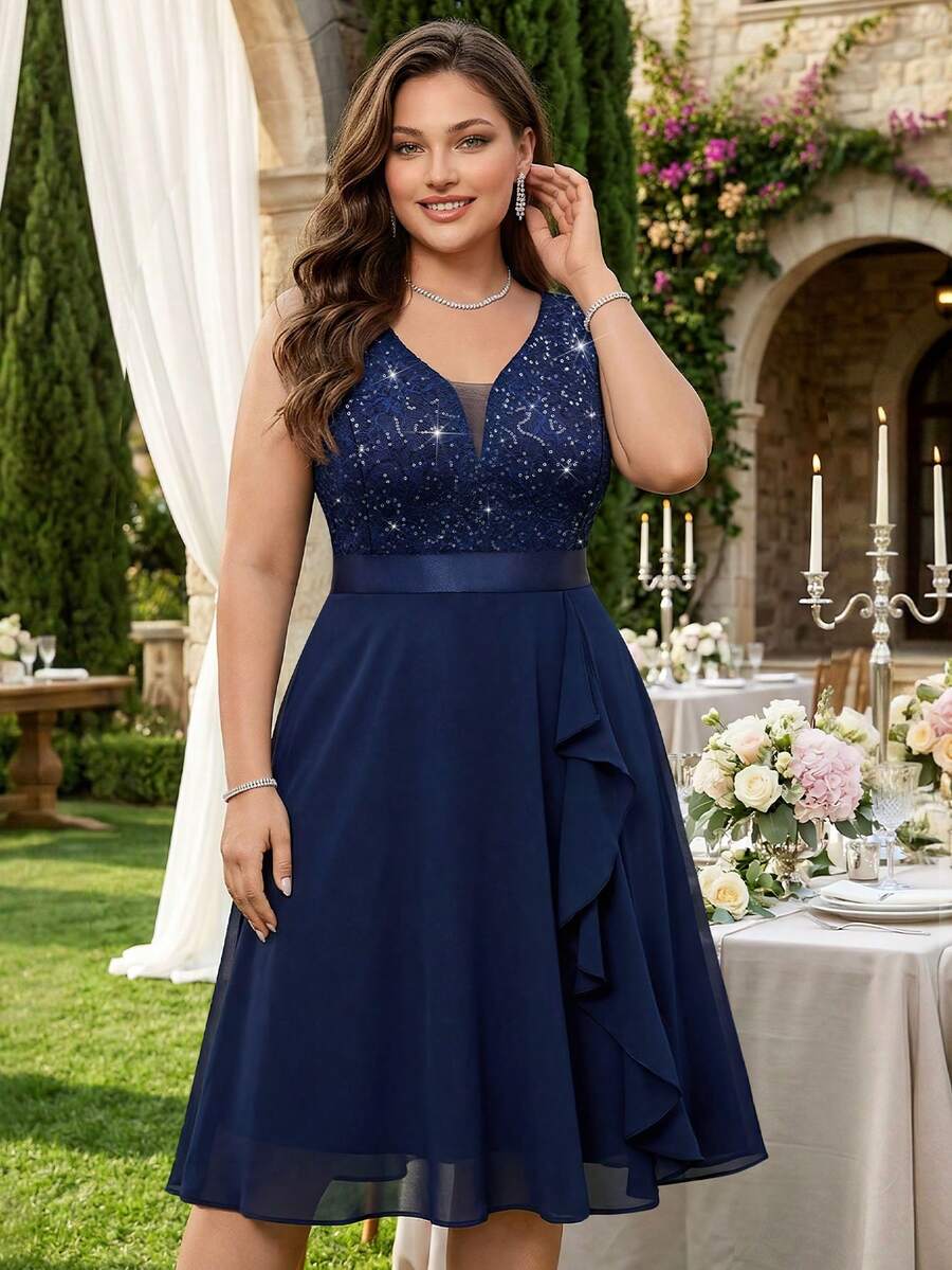 Deep V-Neck Sequin Lace Patchwork Ruffle Hem Chiffon Formal Evening Party Dress, Suitable For Birthday, Graduation Ceremony, Gala