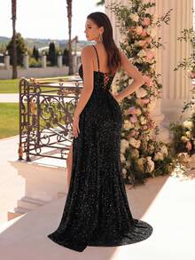 ADYCE 亮片串珠吊带V领镂空高腰长缎面开衩露背吊带礼服，适合舞会、毕业典礼、生日派对、正式晚宴、周年纪念、婚礼宾客、新年等场合，黑色。 - 黑色 - 查看 2