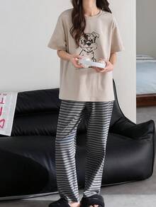 2pcs Women's Pajama Set, Summer Breathable Casual Short Sleeve & Long Pants Cartoon Homewear - Grey - View 1