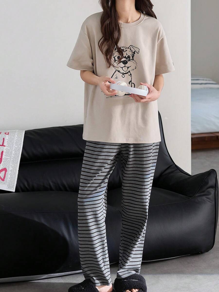 2pcs Women's Pajama Set, Summer Breathable Casual Short Sleeve & Long Pants Cartoon Homewear - Grey - View 1