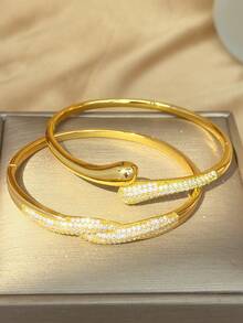 18K Gold Plated Twisted Curved Zirconia Stackable Bracelet Set, Fade-Resistant Adjustable Gold Bracelet, Elegant Women's Jewelry, Suitable For Daily Wear, Wedding - Multicolor - View 4