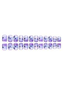 24 Pieces Of Zixia Coconut Tree Nail Art Sheets, Short Square Artificial Nails, Featuring The "Zixia Sunset Beach Style", With A Gradient Purple Base Combined With Black Coconut Tree Silhouettes, Clouds And Sun And Moon Patterns. Glossy Finish, Short Nails, Summer Nails, Nail Care Products, Suitable For Women For Summer Beach Vacations, Daily Commutes, Party Dates, Music Festivals, And Also As A Sweet Gift For Relatives And Friends. - Lilac Purple - View 4