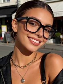 3pcs Unisex Square Large Frame Versatile Academic Style Non-Prescription Glasses Glasses, Face-Flattering - Black/white/grey - View 3