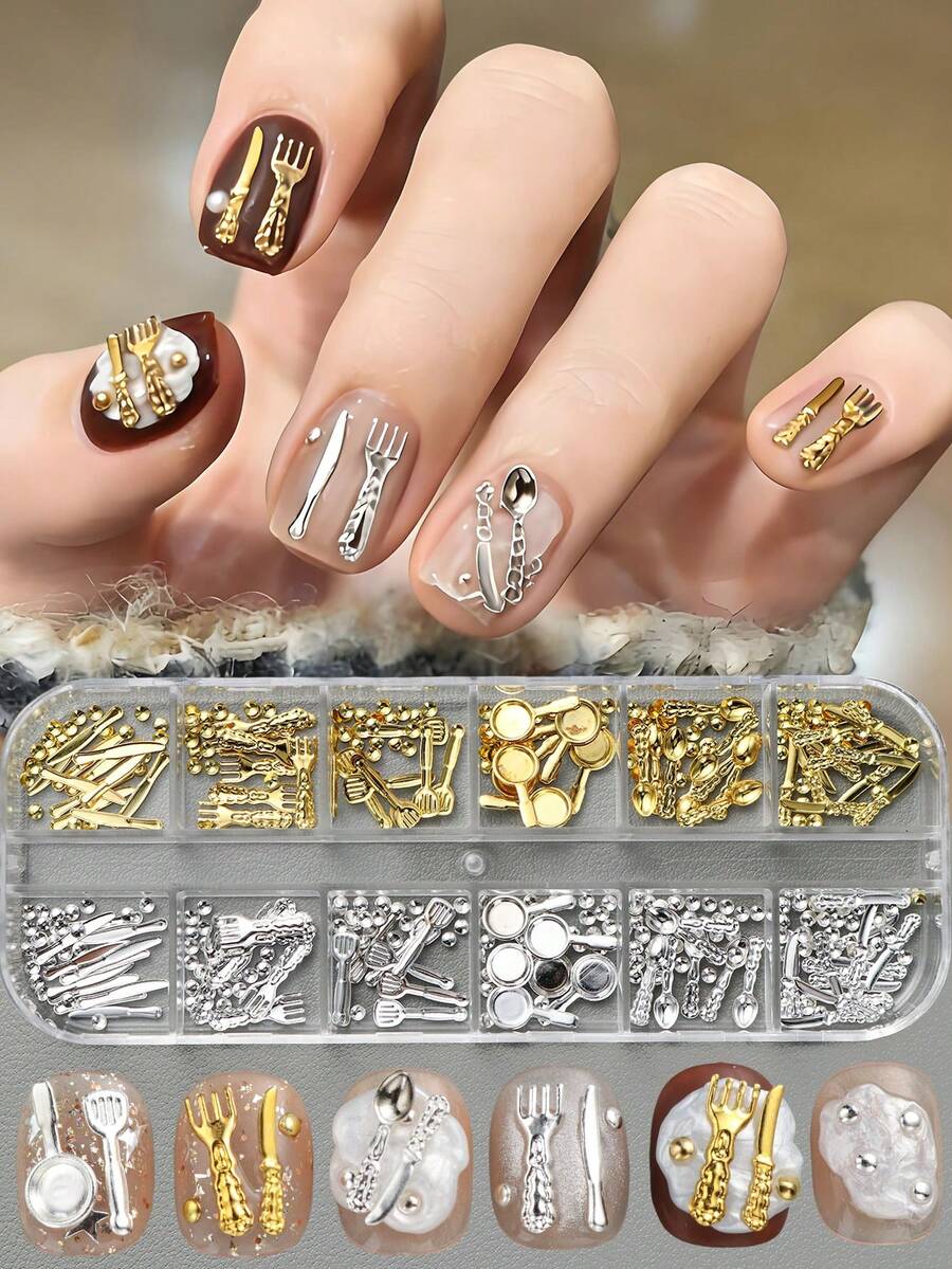 12 ô/hộp Phụ kiện trang trí móng tay hình bộ đồ ăn dễ thương, đinh tán trang trí móng tay, thìa, dĩa, dao, chảo rán bằng kim loại 3D màu vàng bạc dễ thương, hạt trang trí móng tay hỗn hợp, trang sức móng tay cưới và phụ kiện đính đá cho móng tay - Nhiều màu - Xem 1